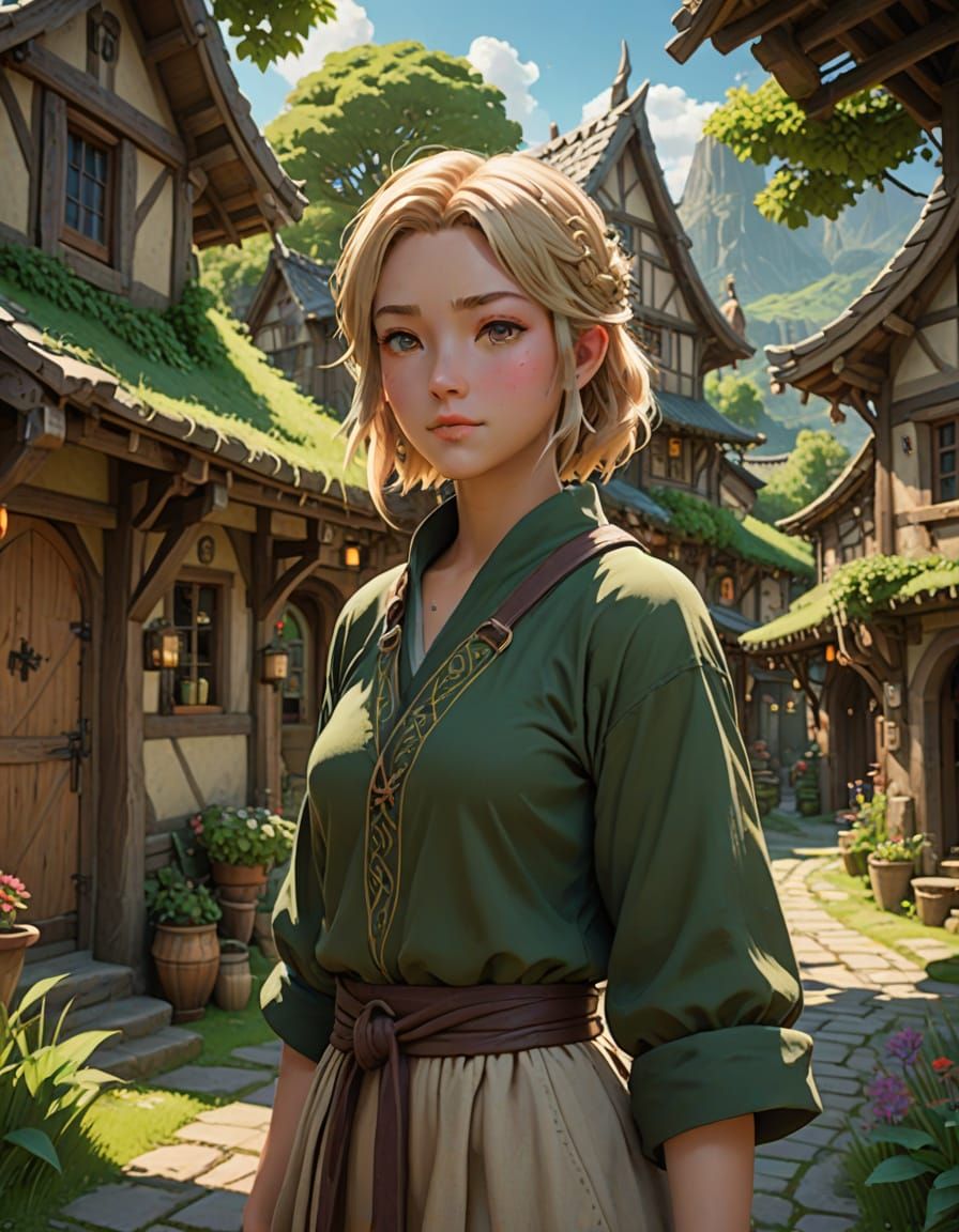Brown-Skinned Fantasy Village Girl in Whimsical Anime Style