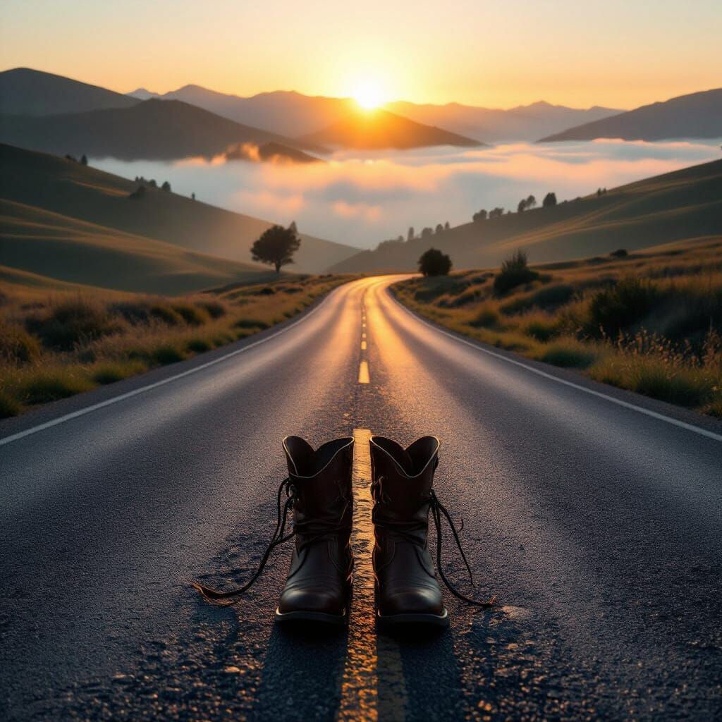 Abandoned Boots on Misty Highway at Dawn