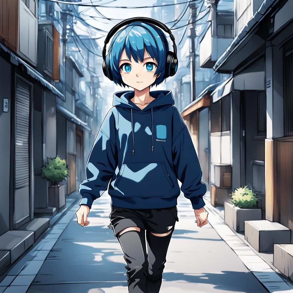 Anime Girl with Headphones Walking