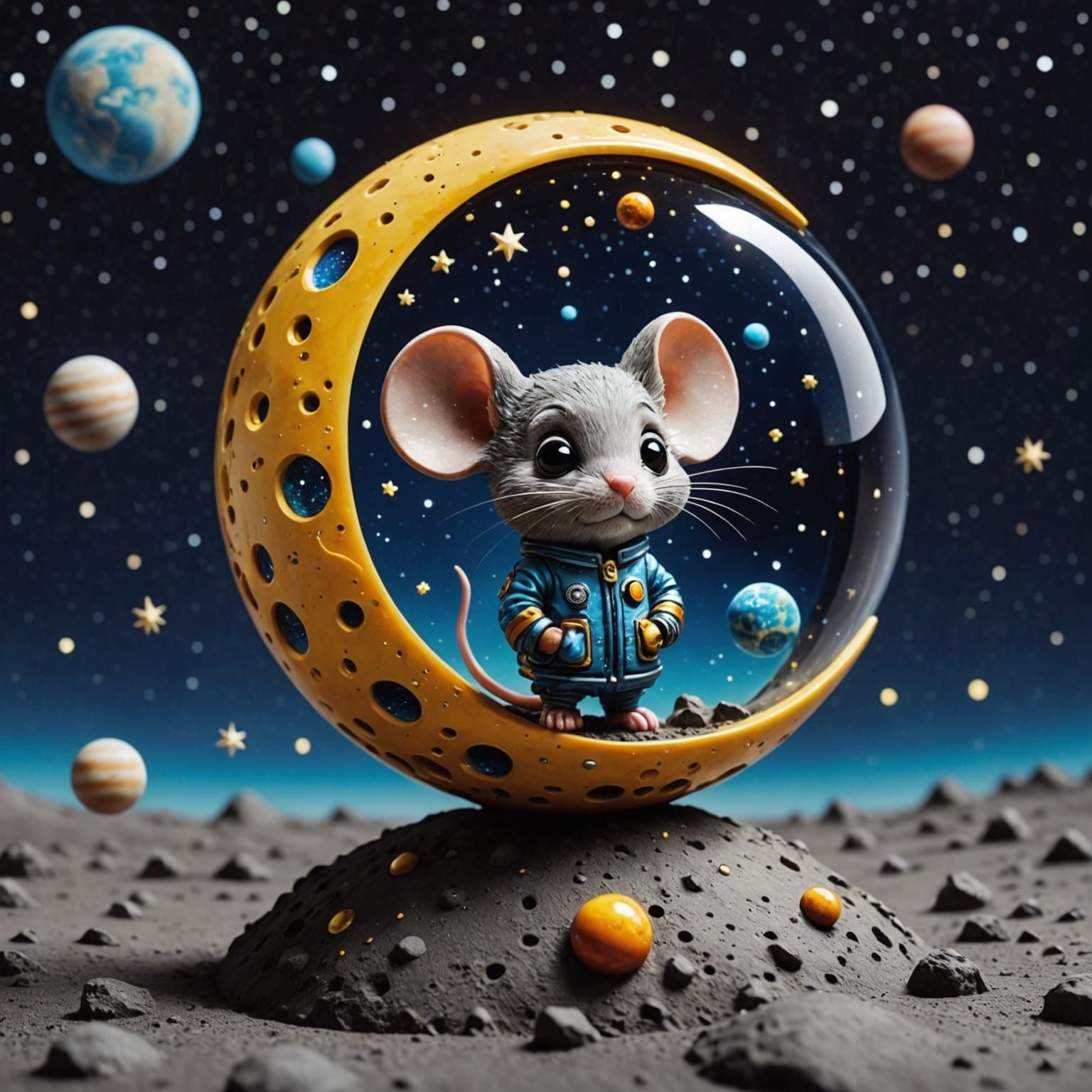 Enameled Glass Chibi Mouse on Moon, Starry Sky