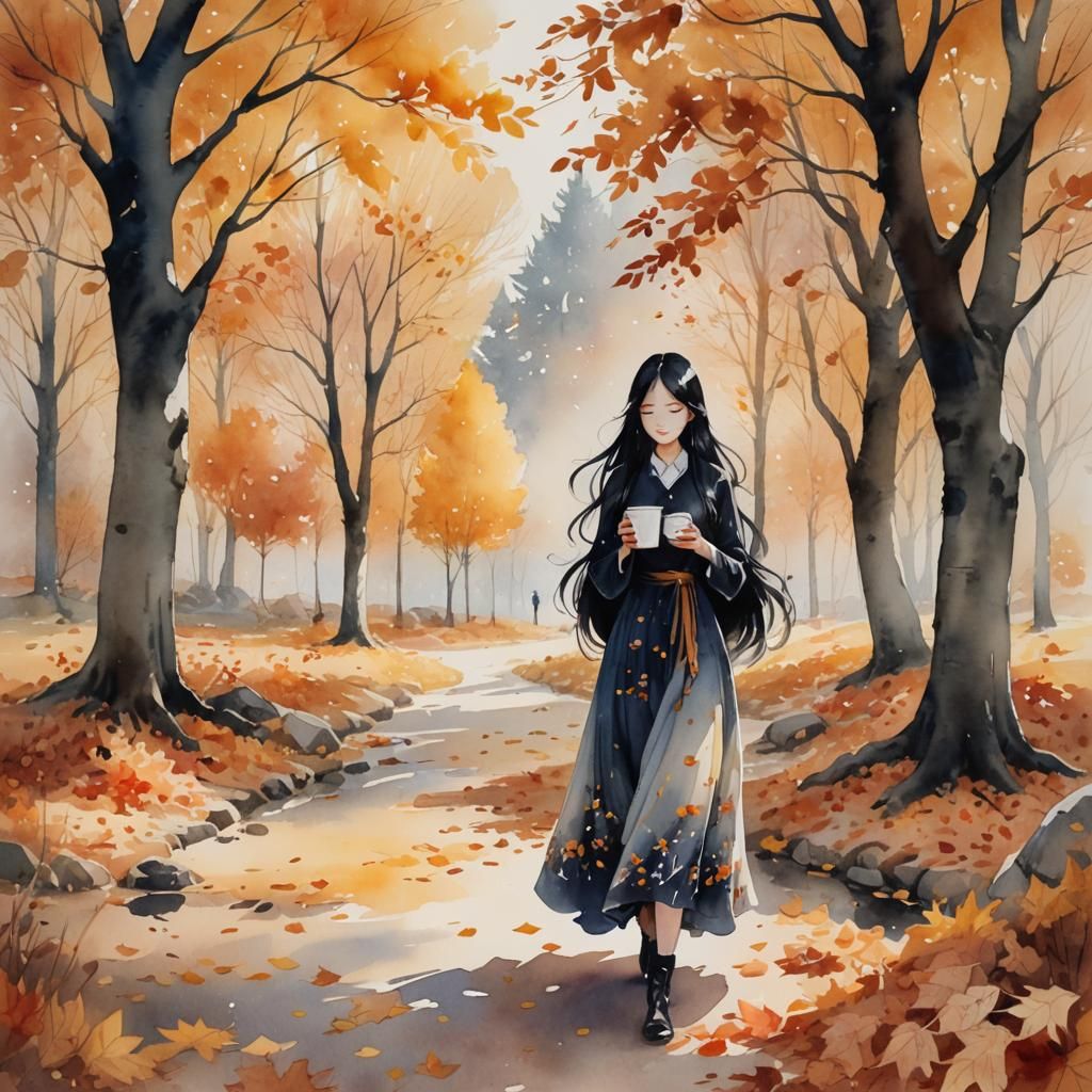 Girl Drinking Coffee in Autumn Landscape Watercolor
