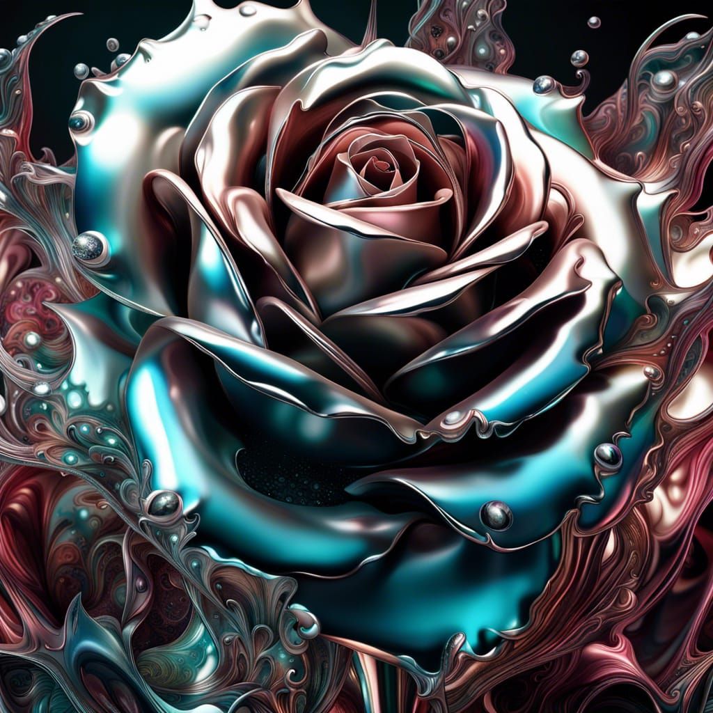 Chrome Rose with Diamond, Fluid Fractals, Shimmering Light