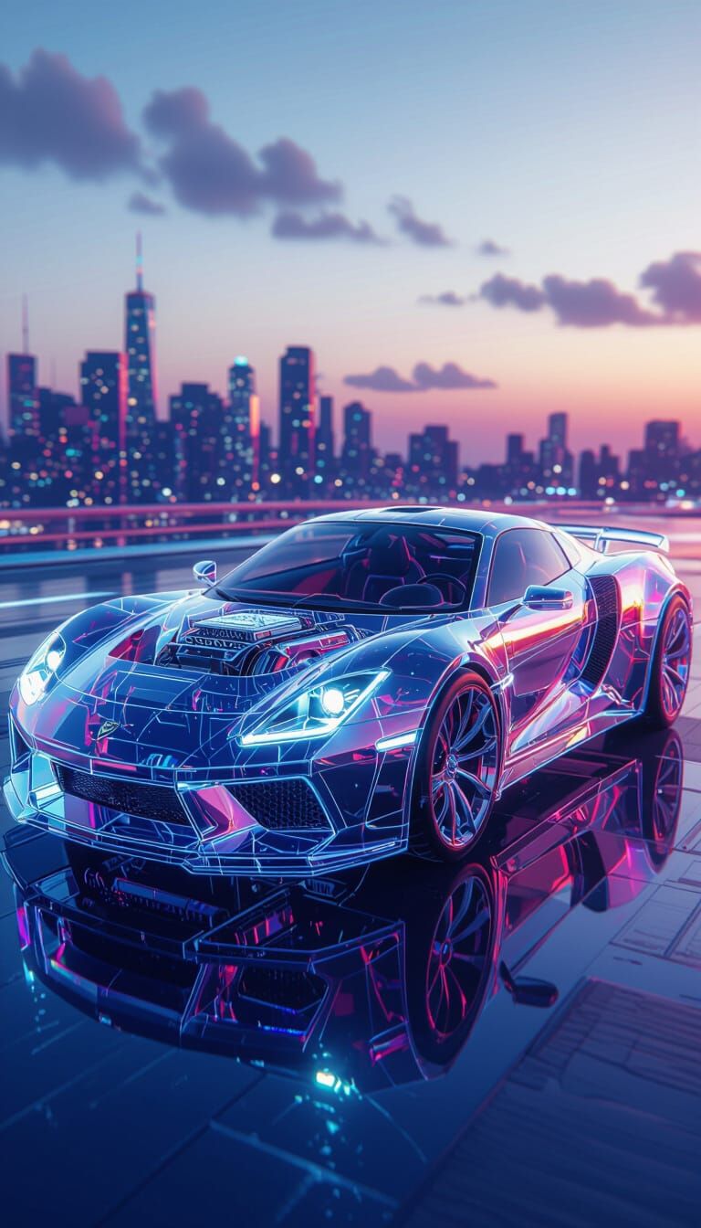 Crystal Sports Car with Neon Reflections