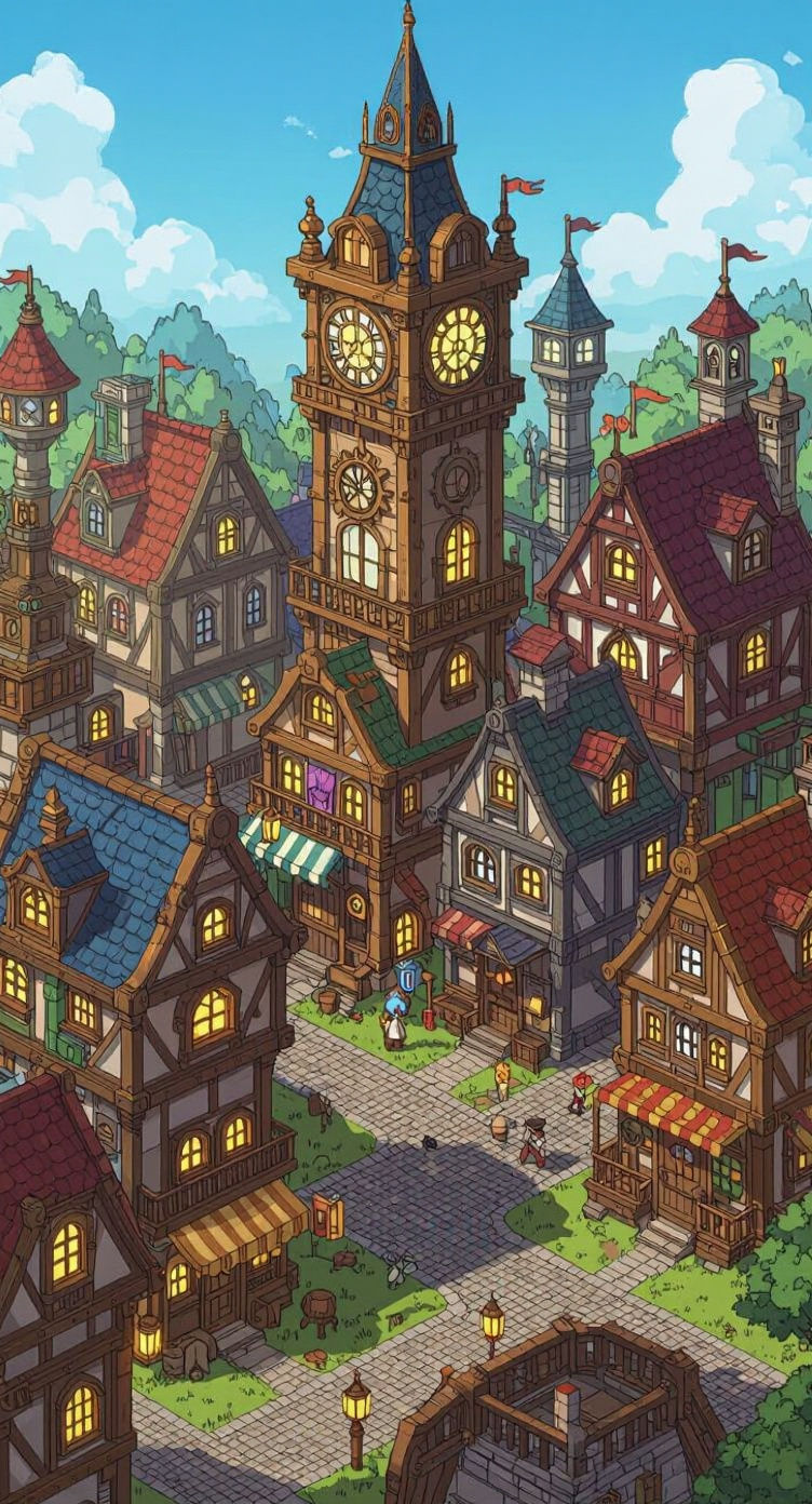 Isometric Steampunk City in Anime Style