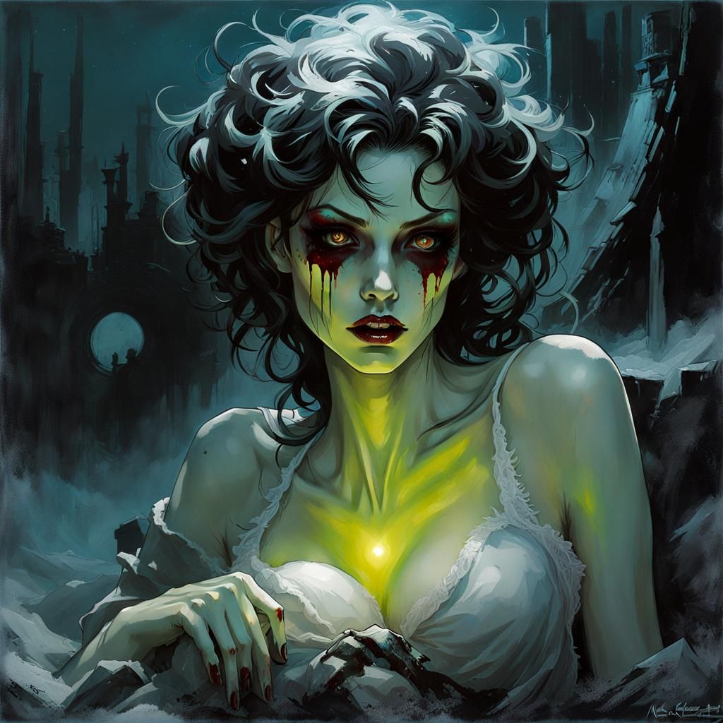 Bioluminescent Zombiecore Pin-Up in Graveyard Horror
