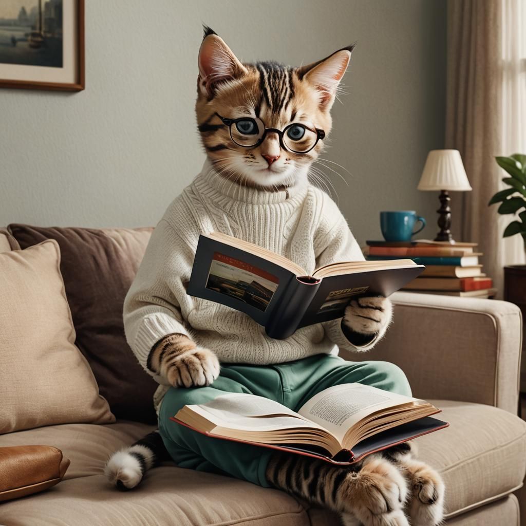 Kitten Reads Book in Living Room: Hyperrealistic Portrait