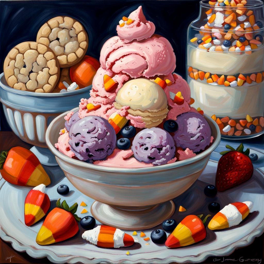 Strawberry ice cream with candy corn, crushed sugar cookies,...