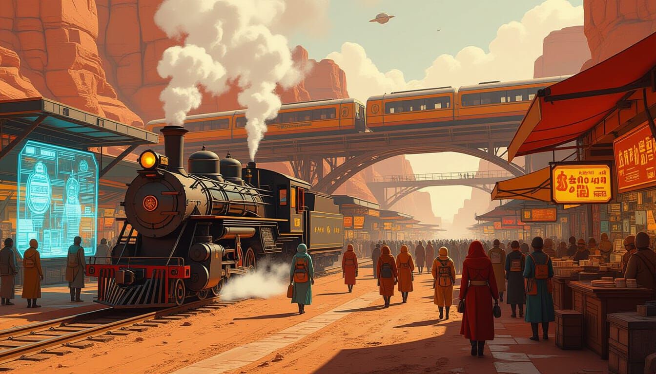 Retro-Futuristic Martian Marketplace with Vintage Train
