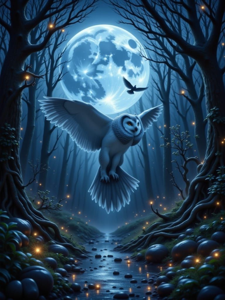 An owl in a forest at night