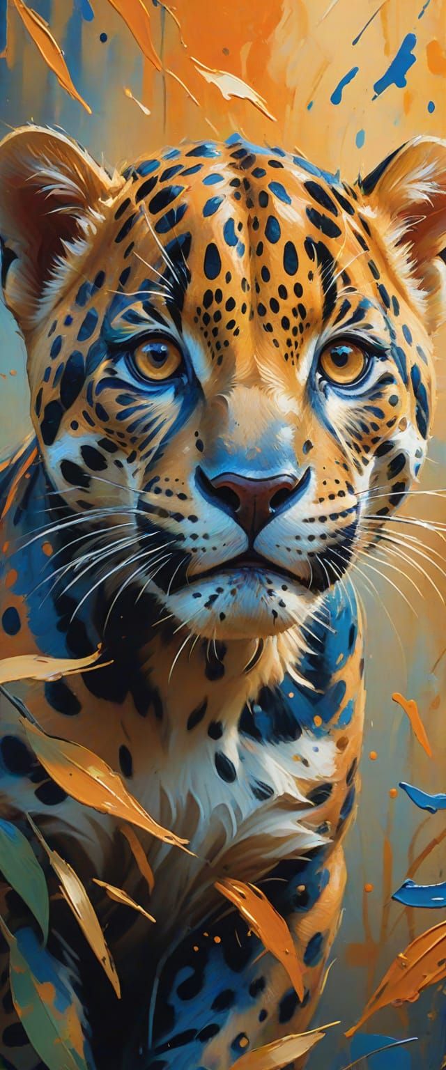 Baby Jaguar Playing: Vibrant Gouache Abstract Expressionism