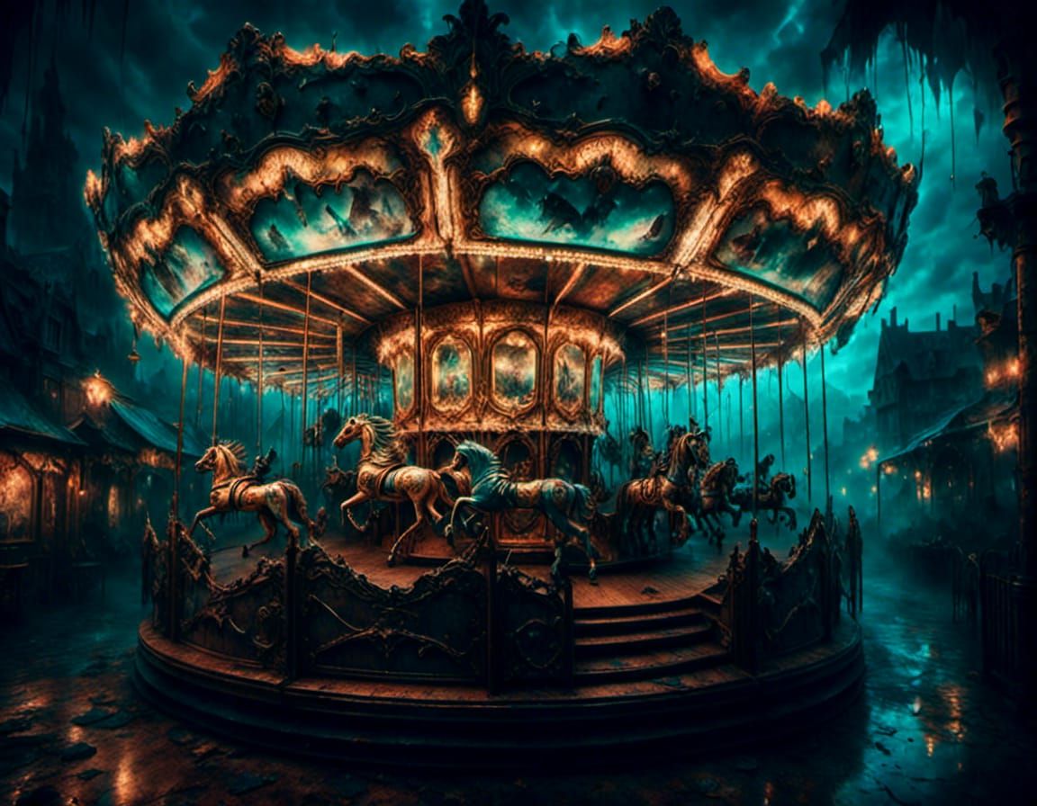 Haunted Carousel with Glowing Runes in Macabre Style