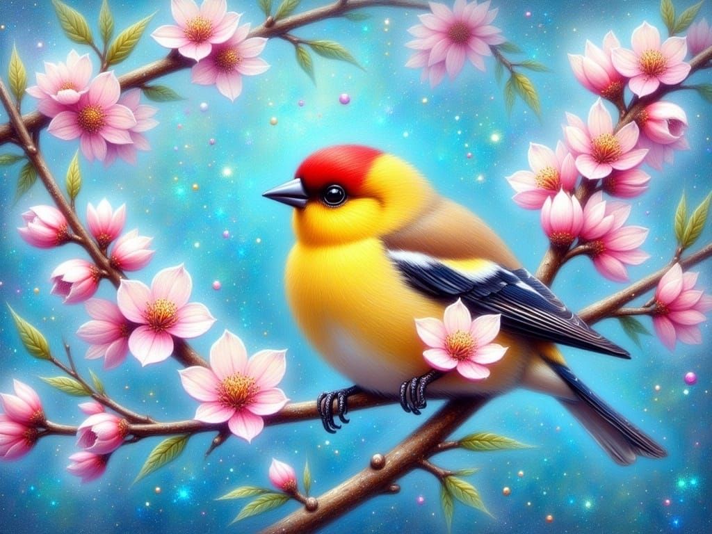 Vibrant Goldfinch in Springtime Impasto Painting