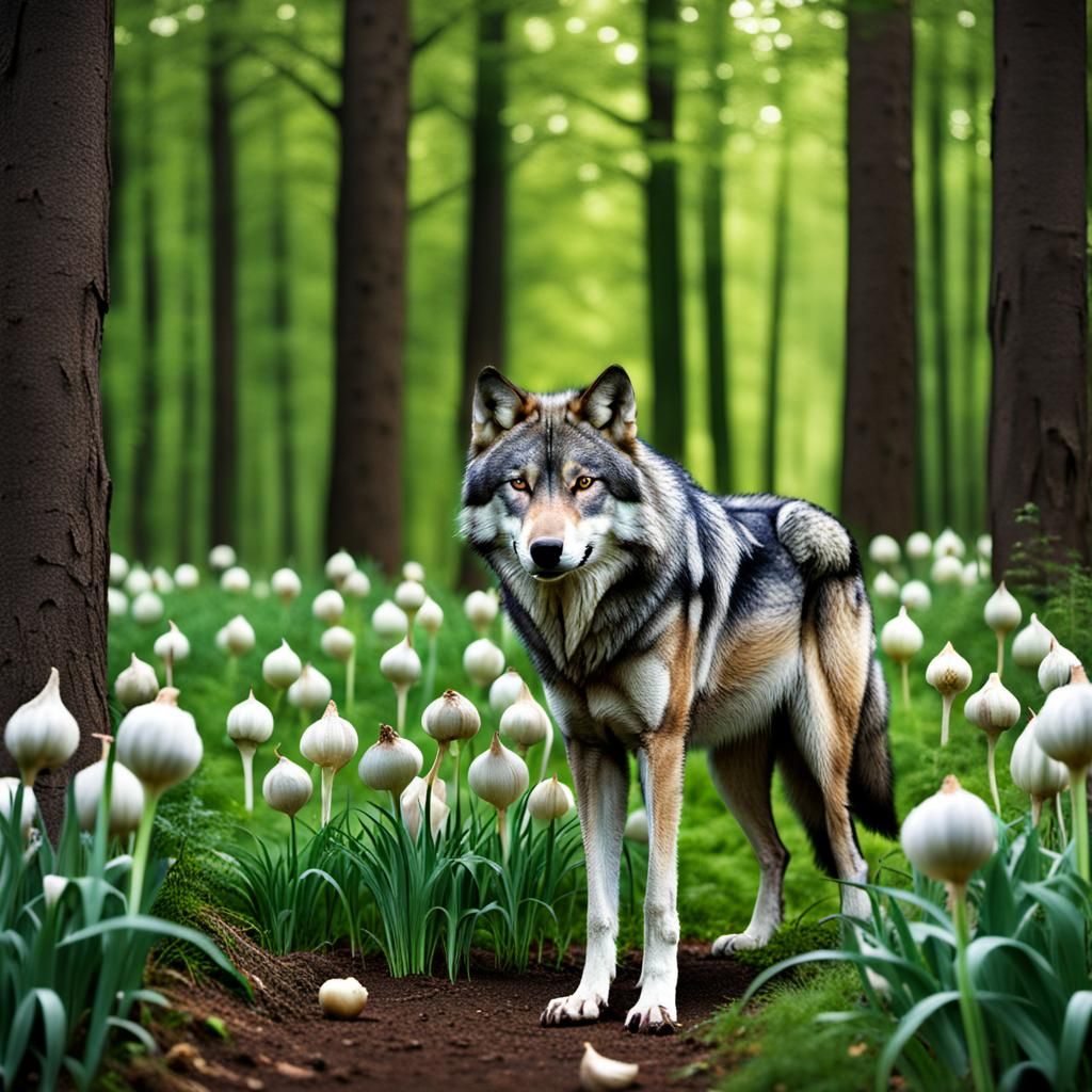 Wolf with Garlic Bulbs in Forest Setting