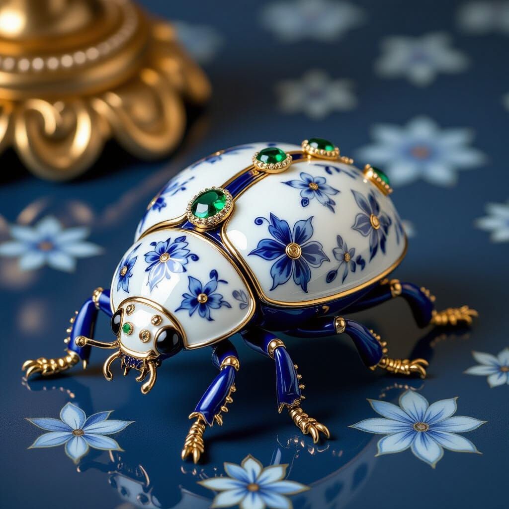 Ornate Porcelain Beetle Sculpture with Floral Gemstone Inlay...