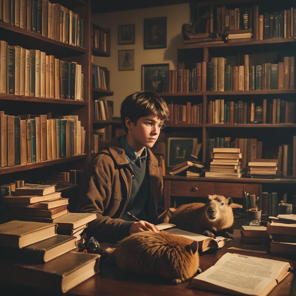 Boy Studying with Capybara in Cinematic Style