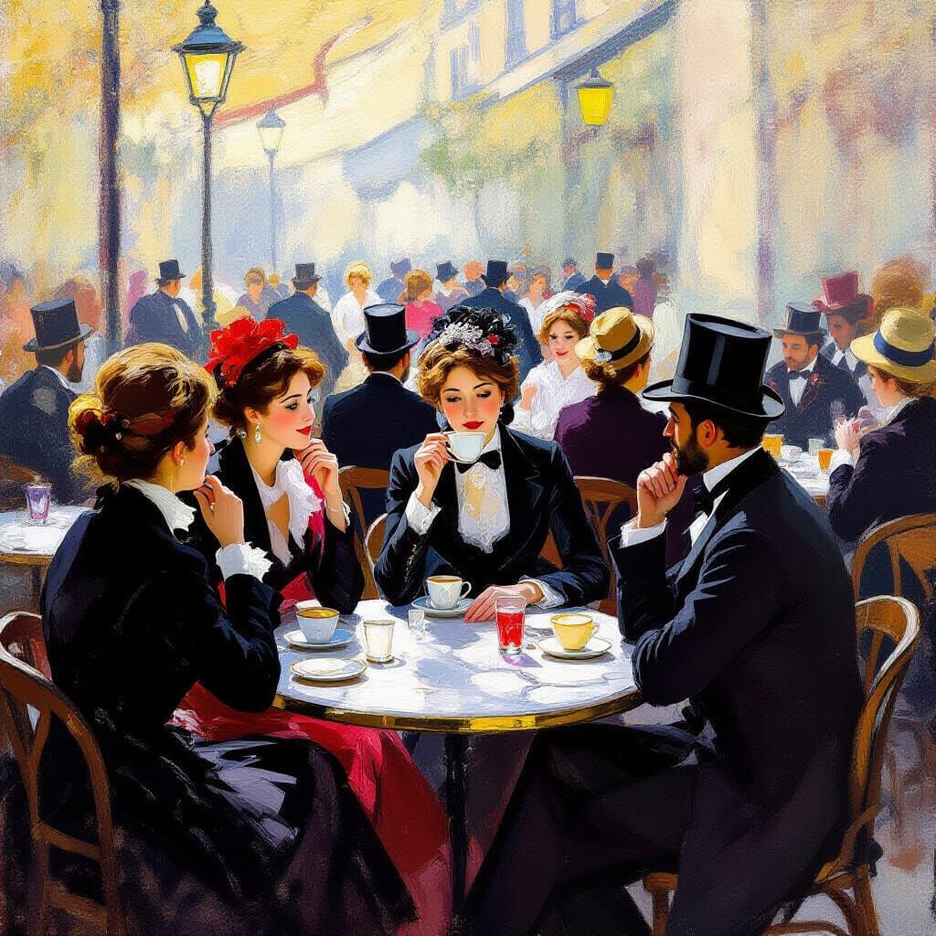 Parisian Cafe Scene in Impressionist Style