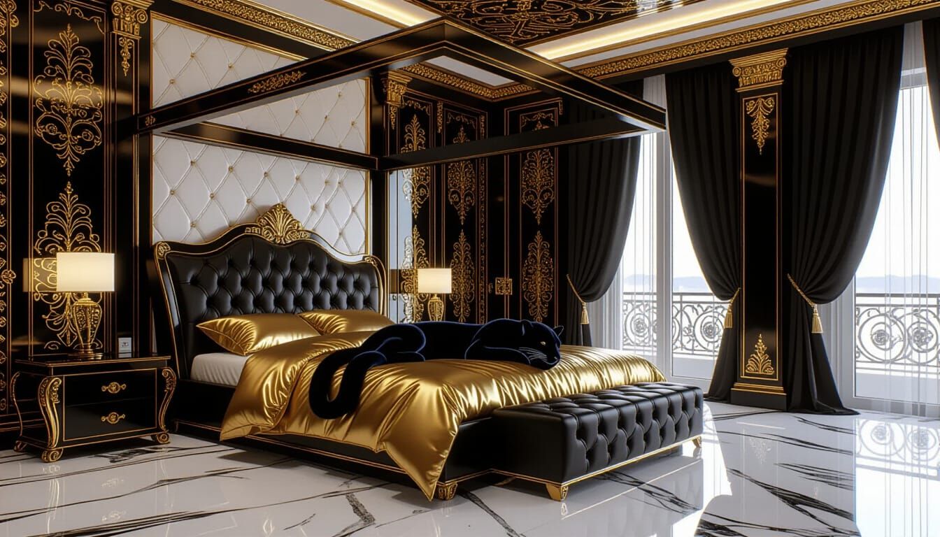 Luxurious Black and Gold Hip Hop Bedroom with Panther