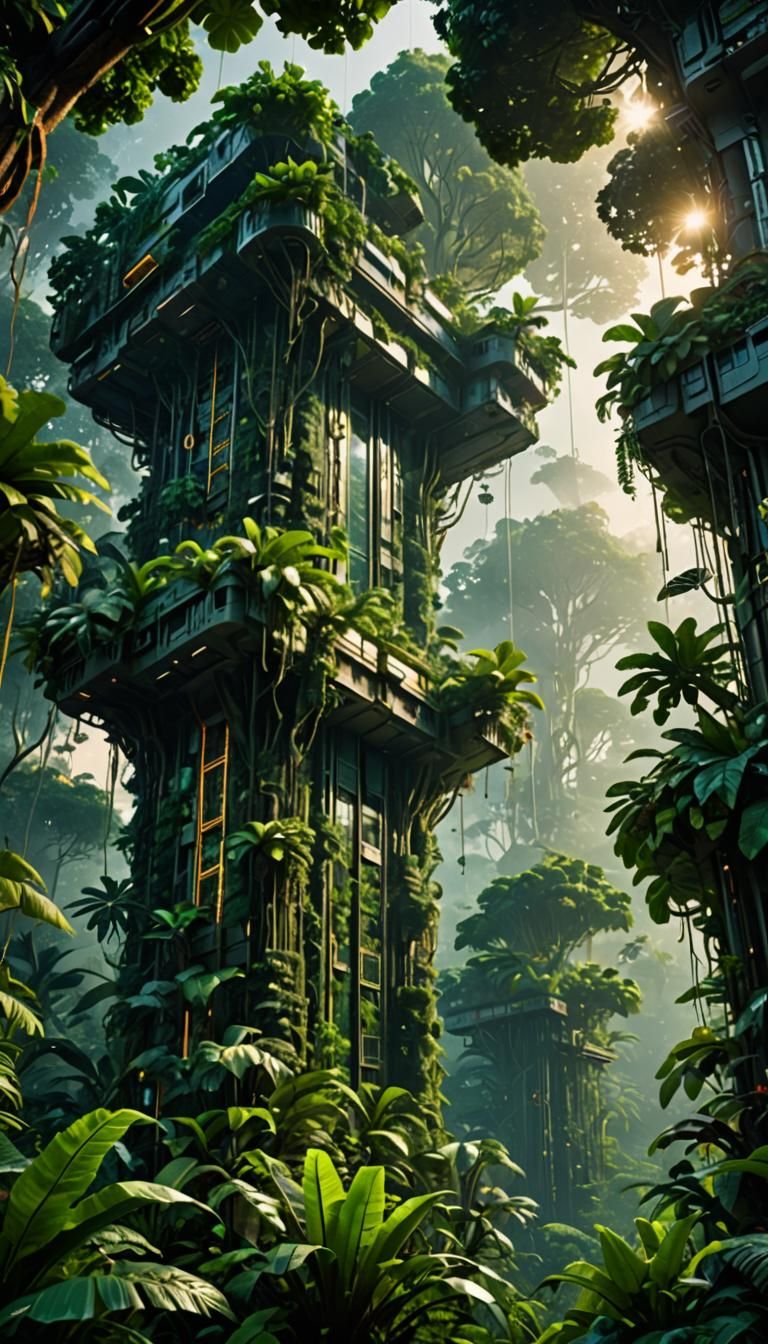 Futuristic Jungle Skyscraper at Sunset in 8k