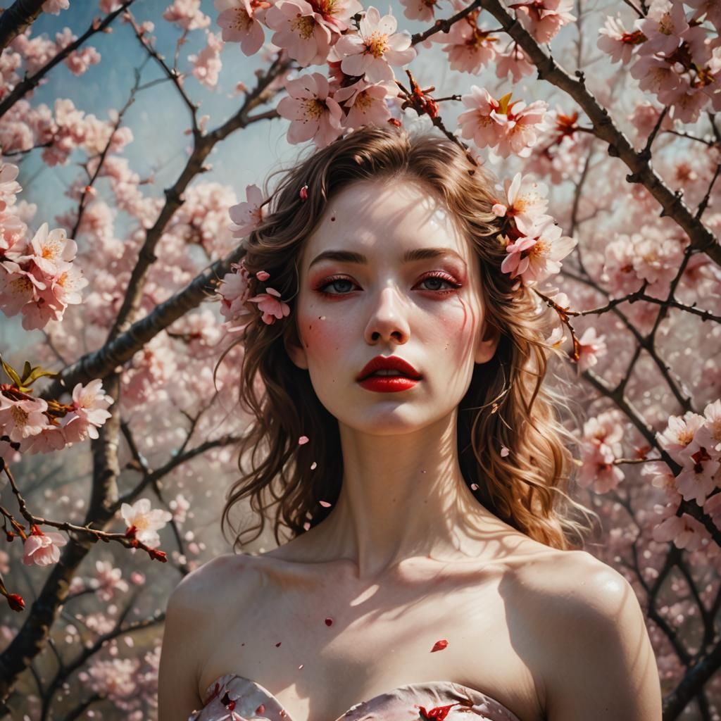 Romantic Surrealism: Woman Emerges from Cherry Blossoms