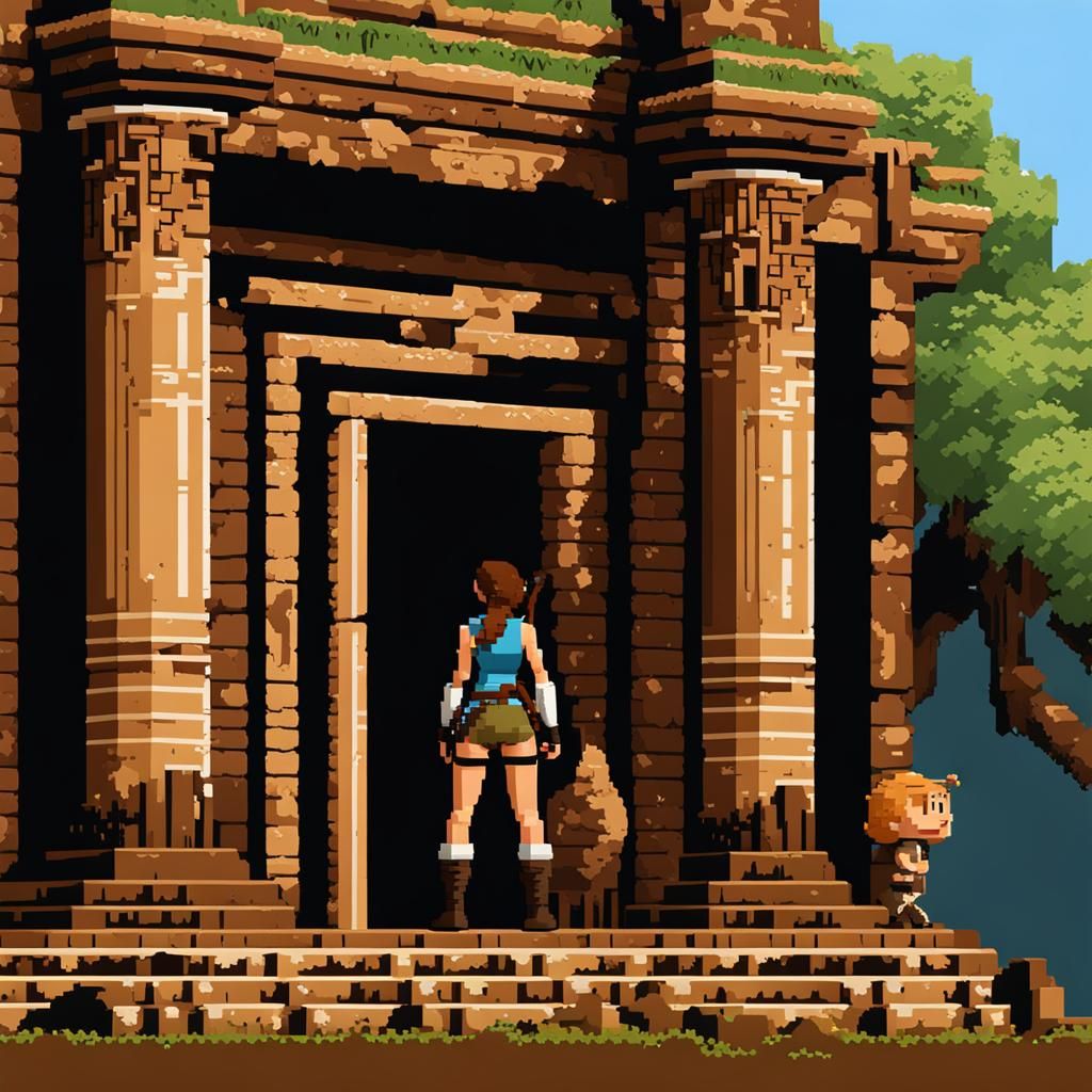 8-Bit Lara Croft at Temple Ruins