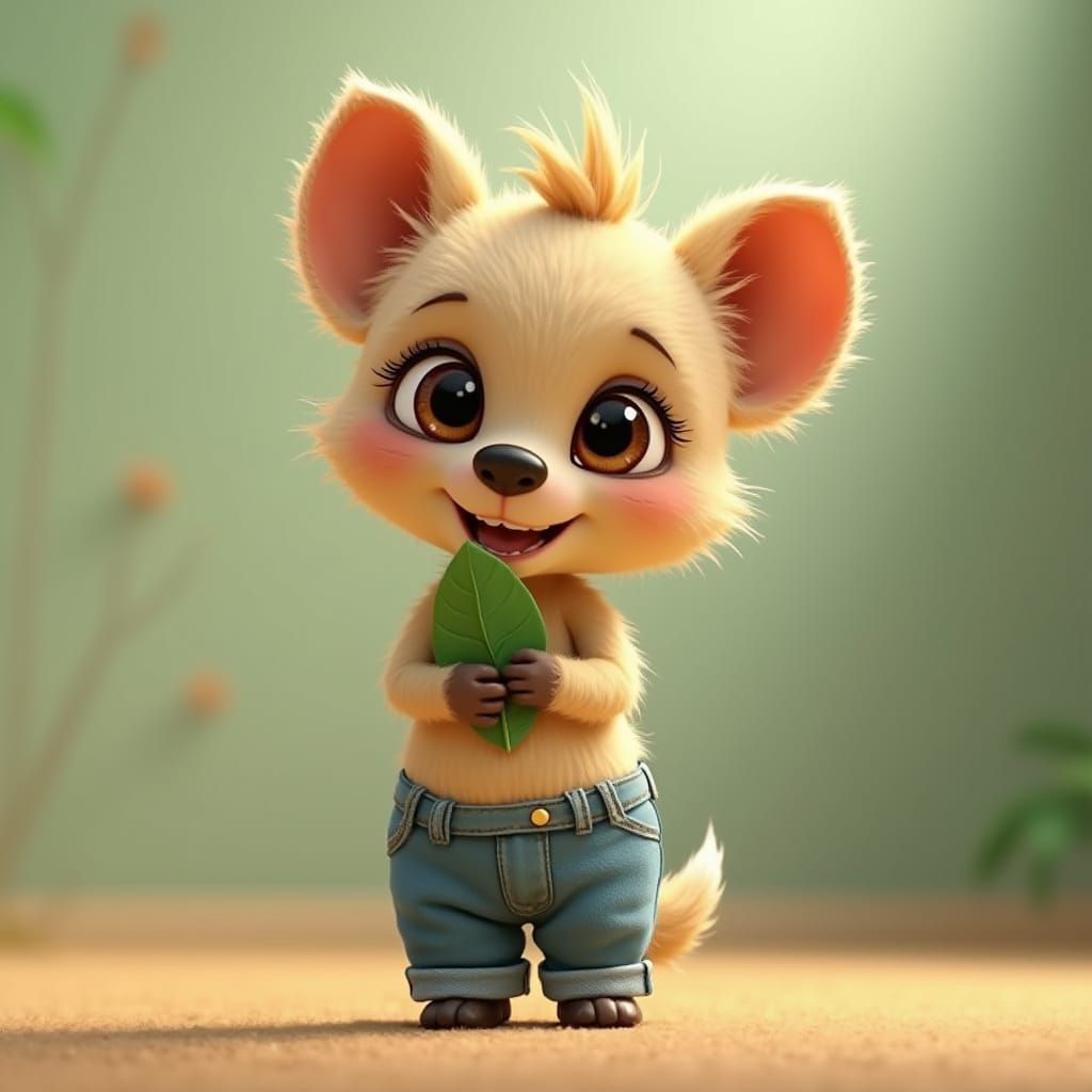 Cute Baby Hyena in Blue Trousers with Leaf