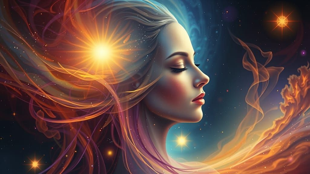 Ethereal Woman Emerges from Vibrant Cosmic Landscape