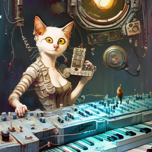 Cat Plays Synth: Gritty Watercolor Splash Art