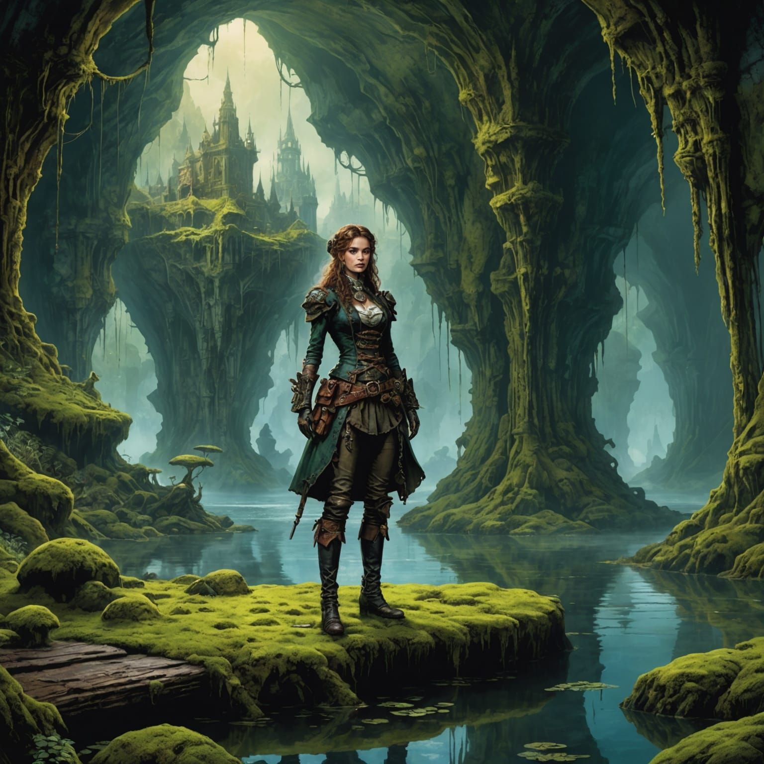 Steampunk Adventurer in Underground Cave