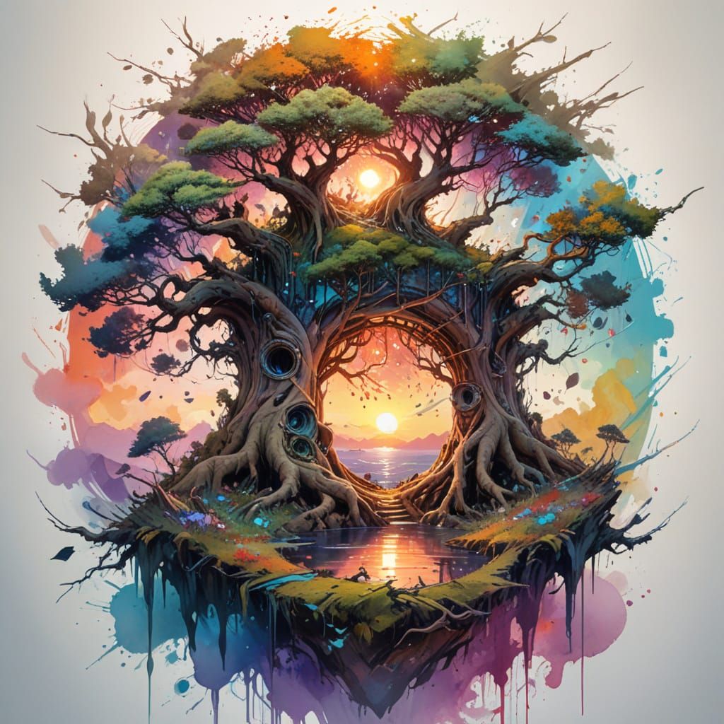 Surreal Tree Portal in Vibrant Sunset Colors