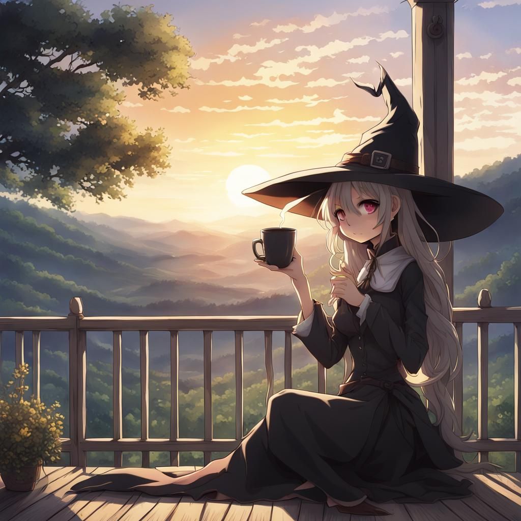 Anime Witch Enjoying Coffee at Sunrise