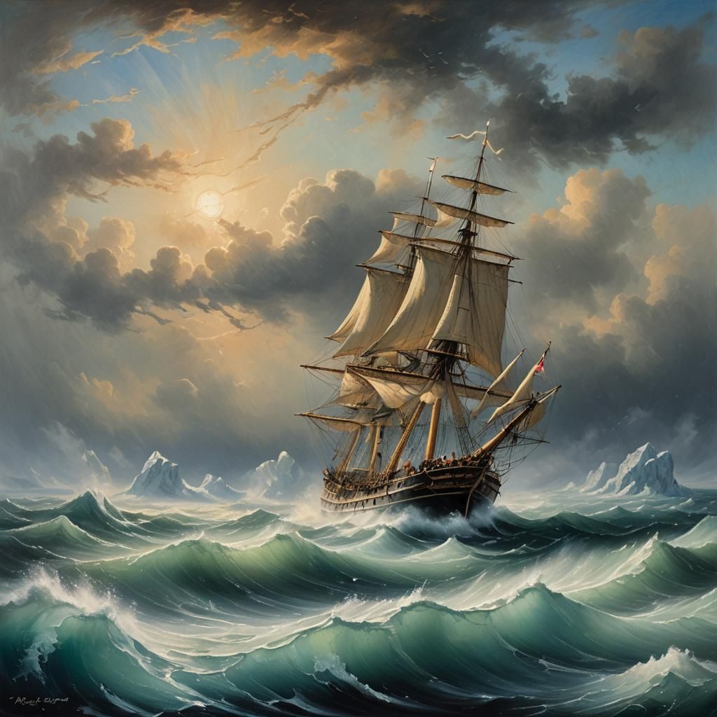 Arctic Sailing Ship in Storm, Oil Painting