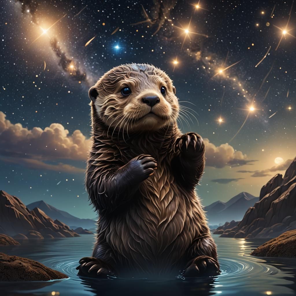 Baby Sea Otter and Starry Night Sky
