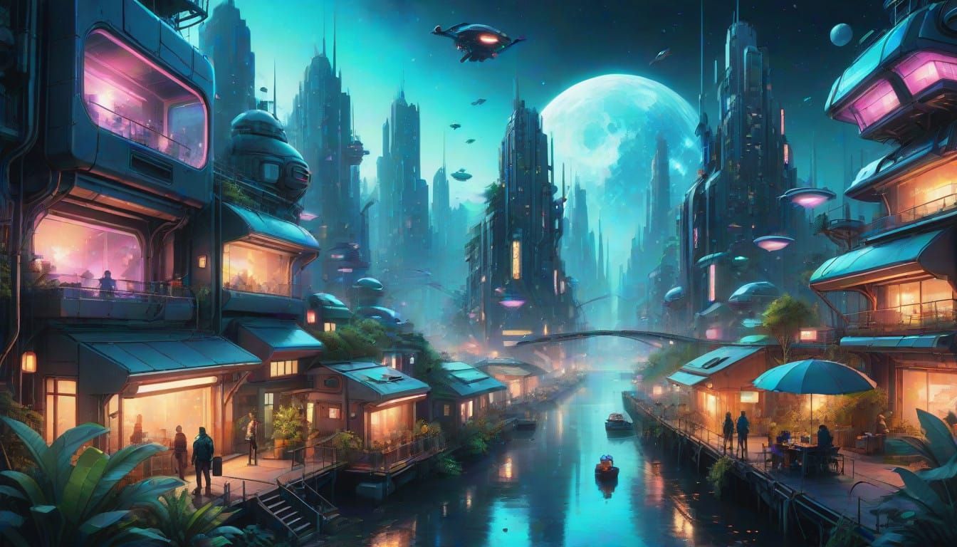 Future City Utopia in Whimsical Watercolor