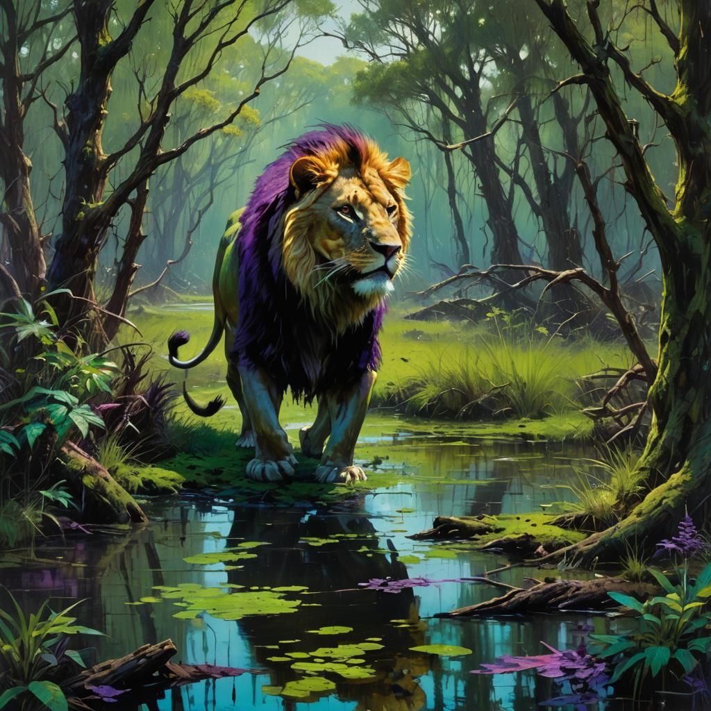 Green Horned Lioness in Haunted Swamp: Fine Art