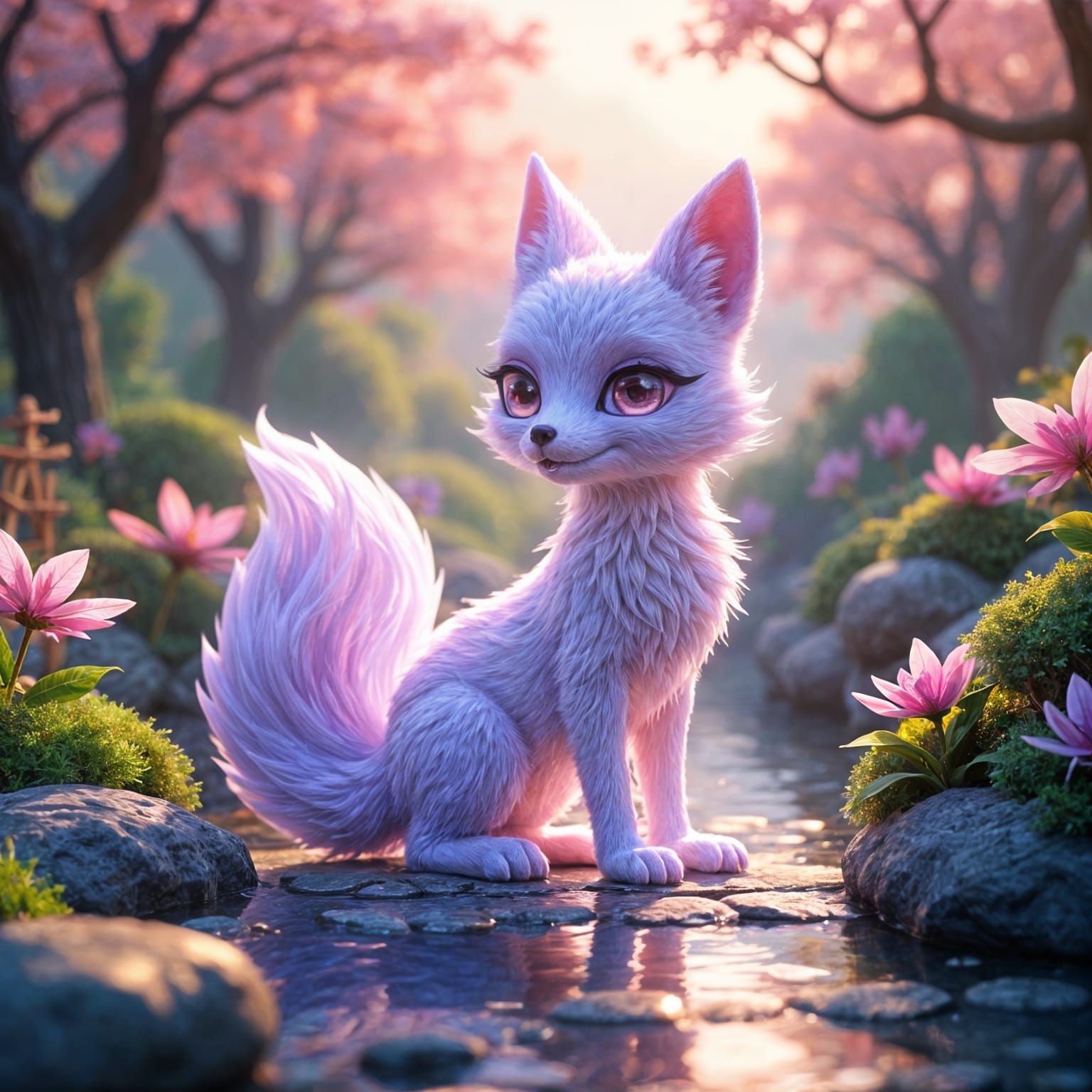 Violet Crystal Fox in Mystical Japanese Garden