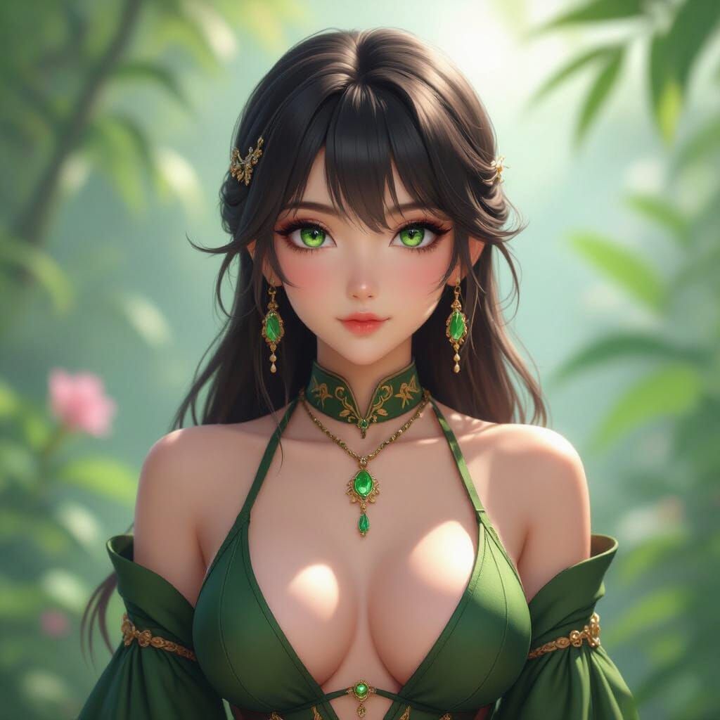 Fantasy Asian Brunette with Green Eyes in Anime Style