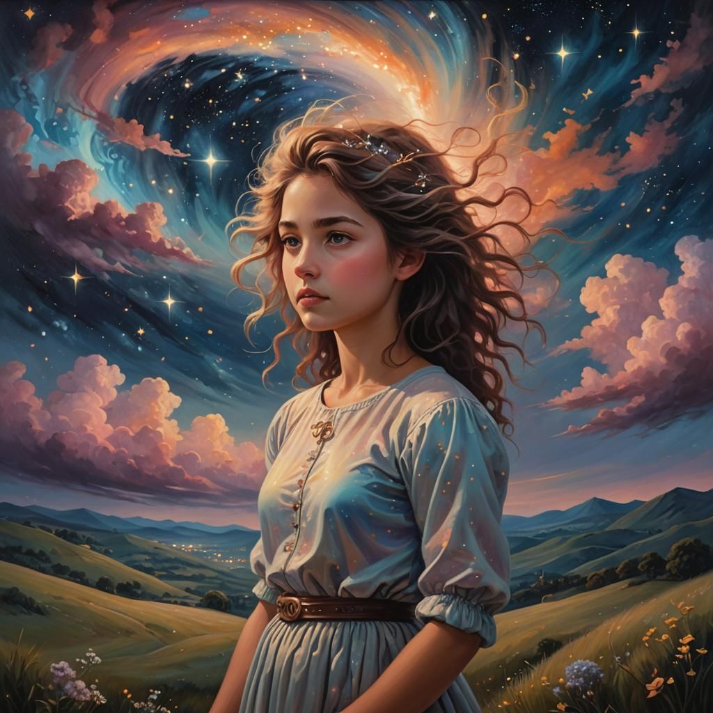 Mystical Girl Gazing at Zaffre Starry Night