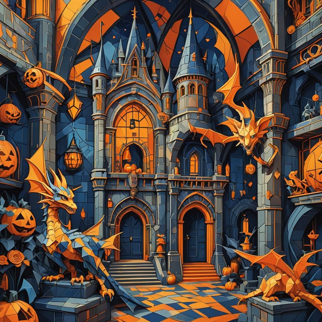 Cubist Elf and Dragon Halloween Fantasy Scene