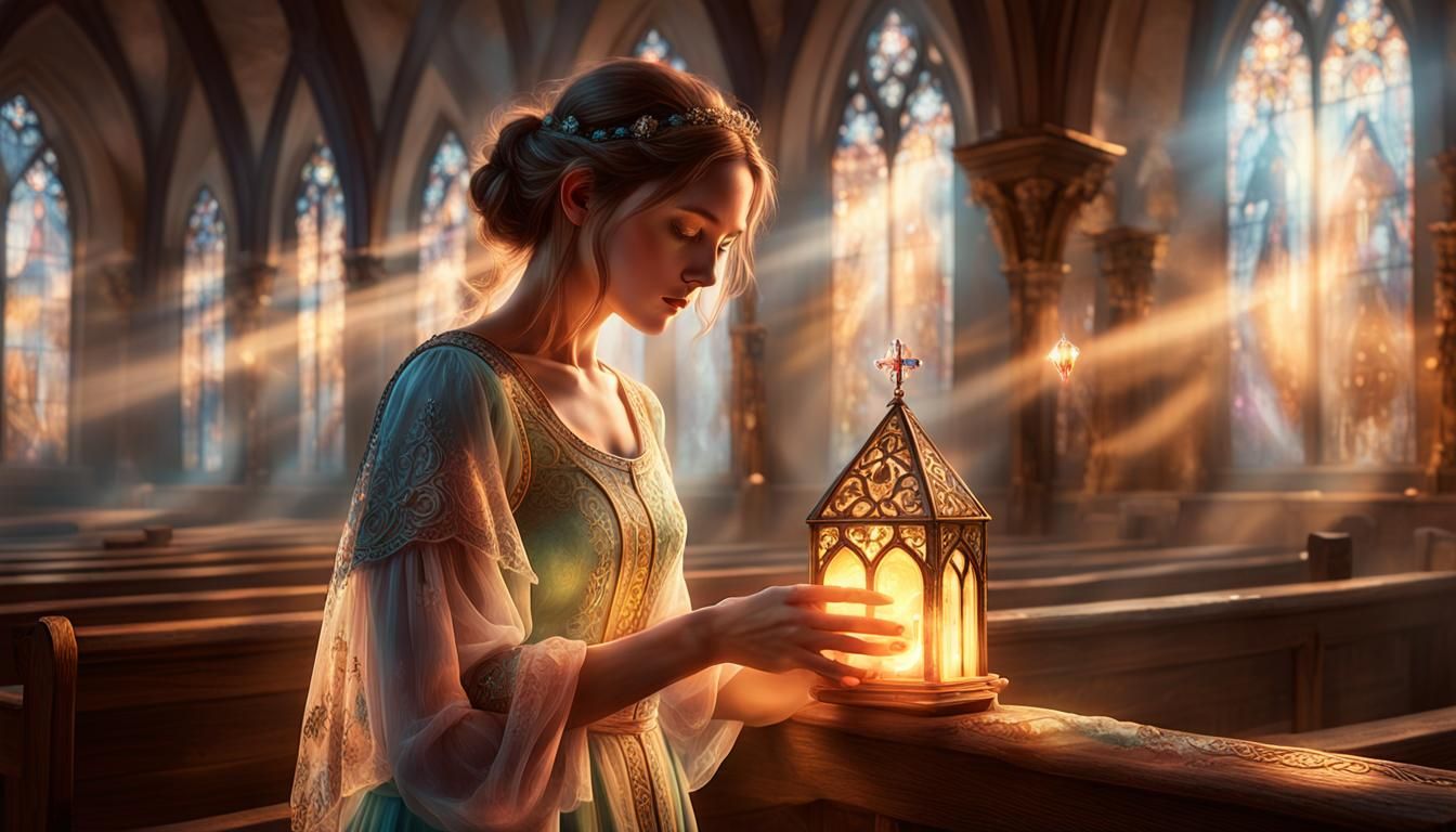 Ethereal Woman with Crystal in Misty Church