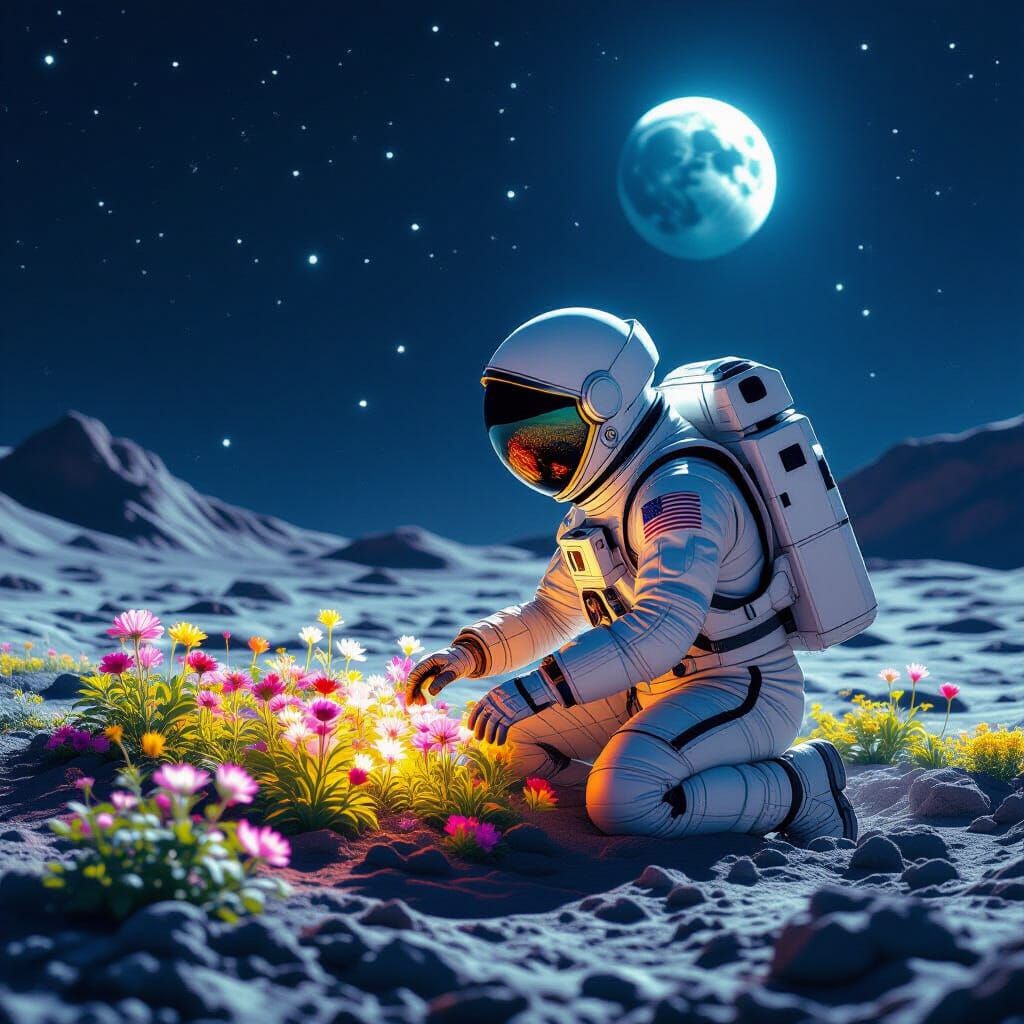 Astronaut Tends Alien Garden Under Earthlight