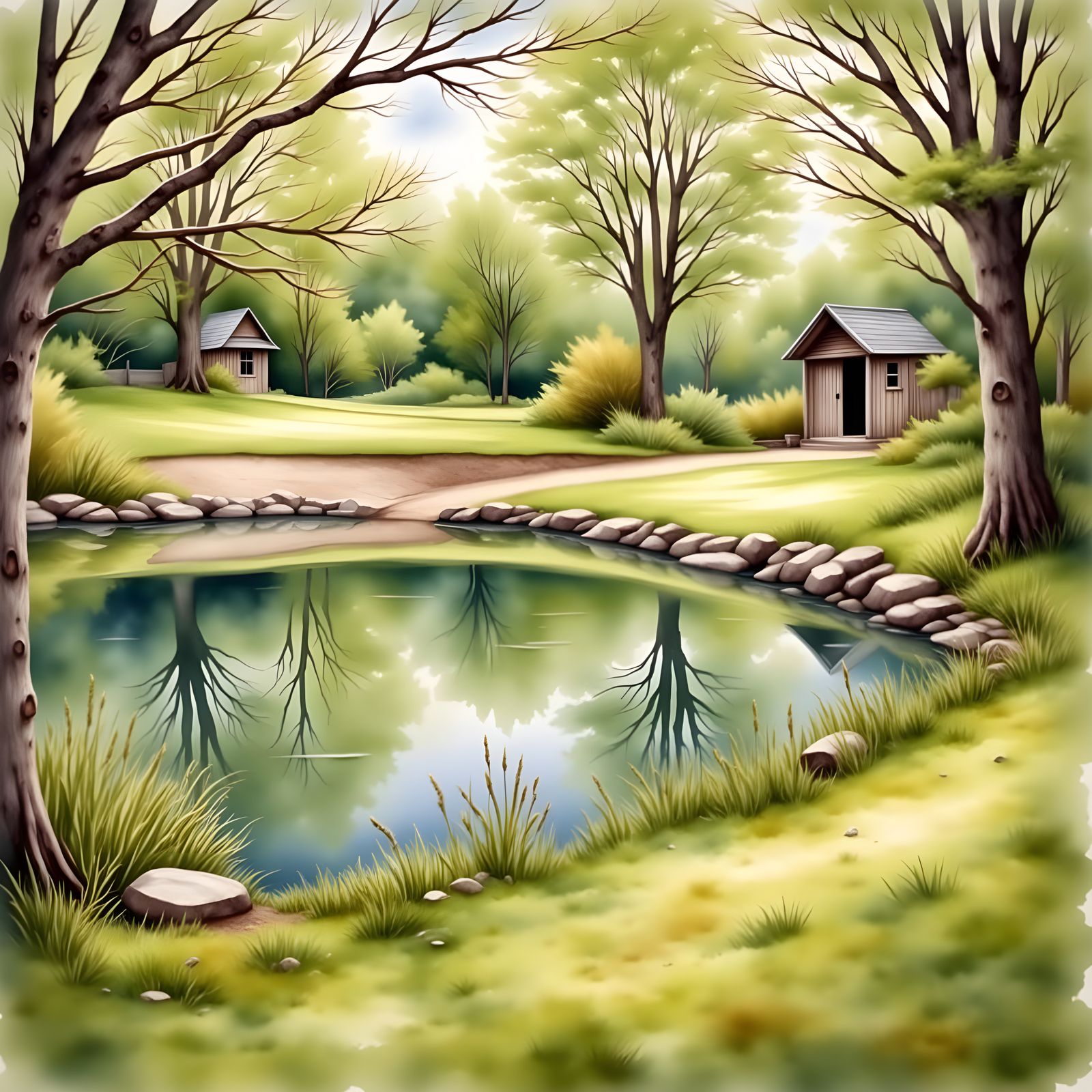 Serene Landscape with Lush Greenery and Tranquil Pond