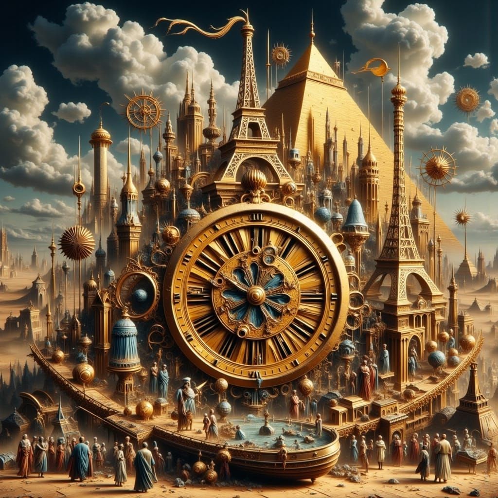 Golden Watch with Eiffel Tower in a Surreal Style