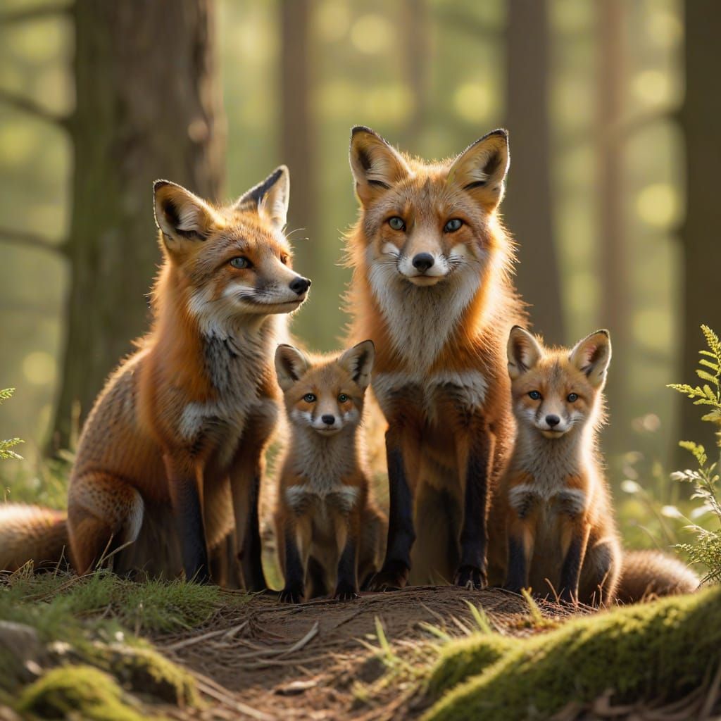 Red Fox Family in Forest Clearing, Naturalism Photography