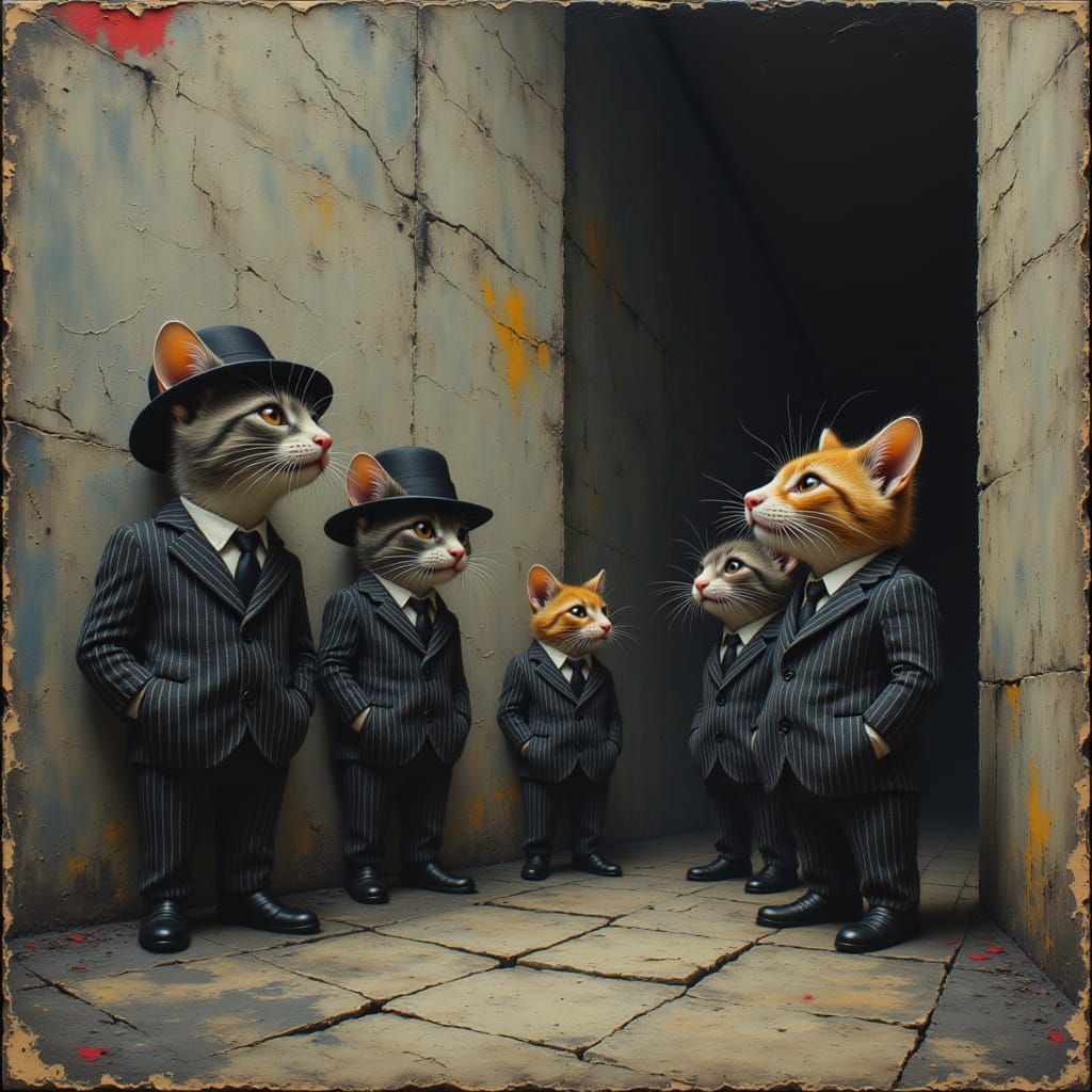Kittens vs. Rat Pack in Surreal Concrete Art Style