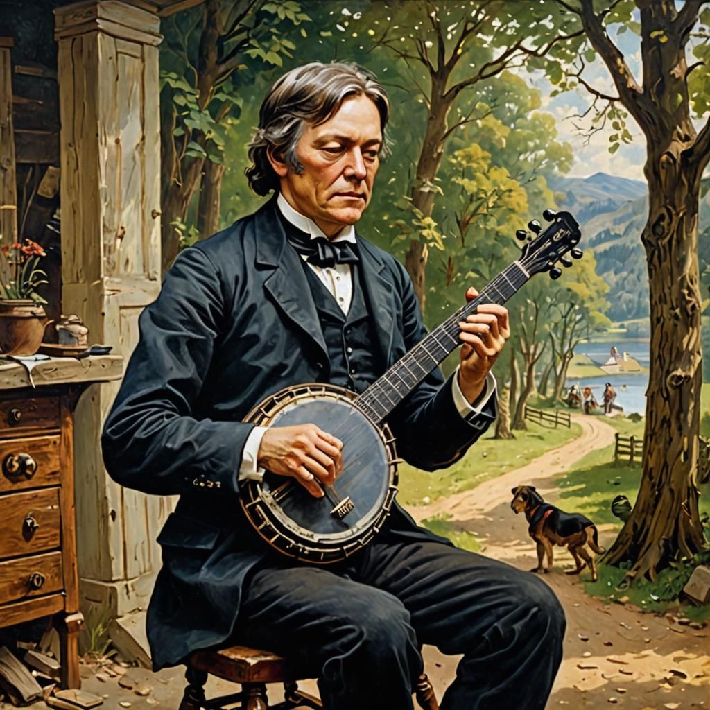 Man Playing Banjo as Oil Painting