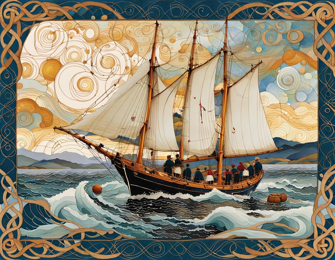 Highland Sailing Vessel in Art Nouveau Style