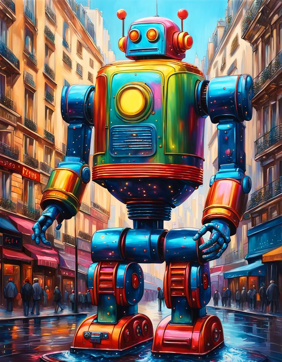 Giant Tinplate Robot in Neon Art Deco Cityscape