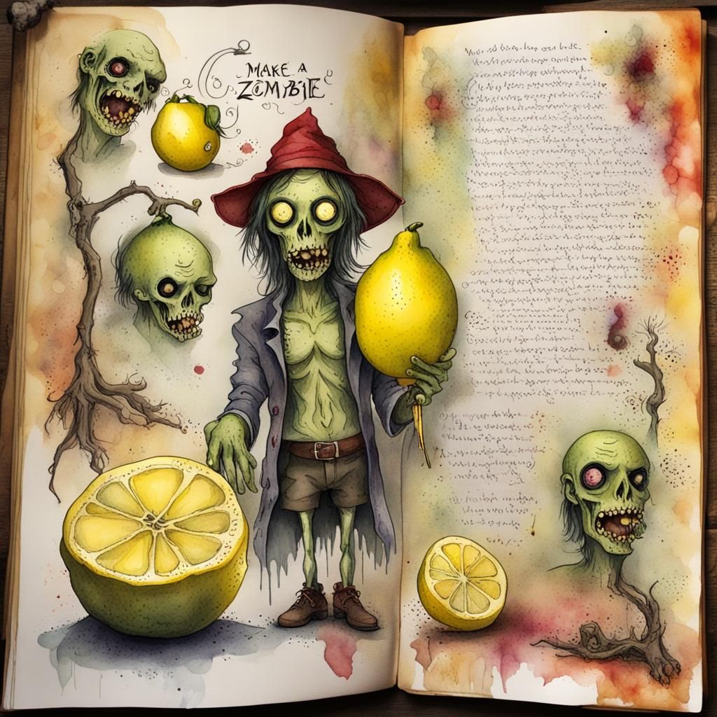 Grimoire Page: Making a Lemon Zombie, Watercolor Style