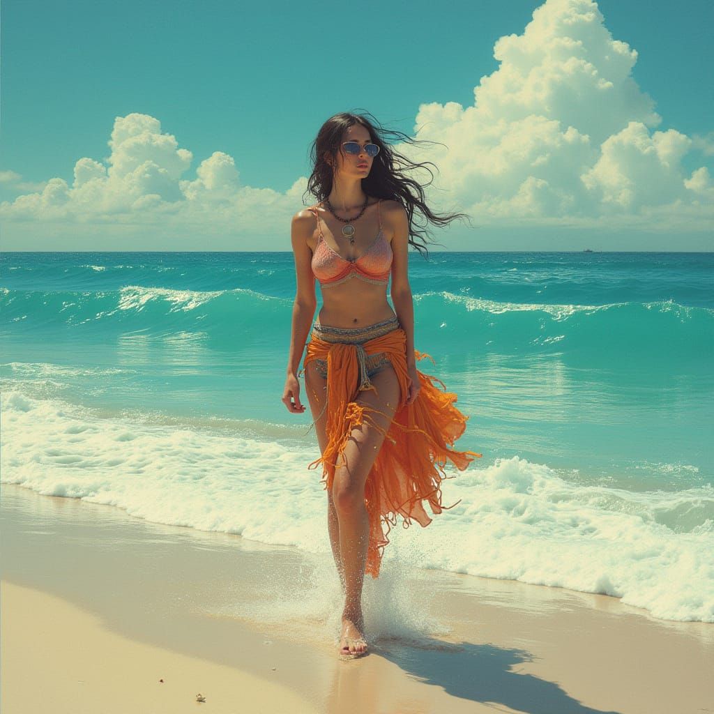 Woman in Bikini on Beach, Realistic Style