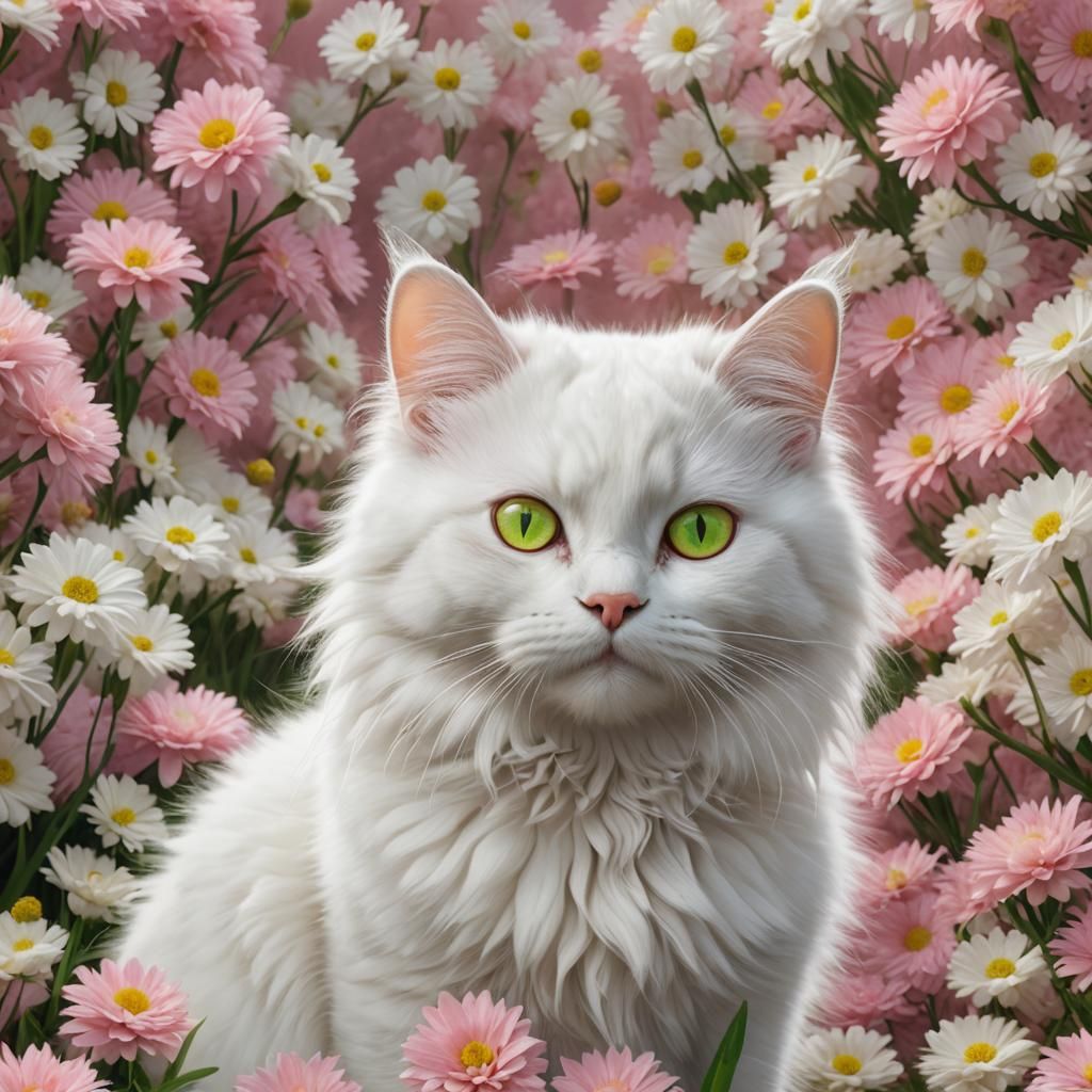 Fluffy White Cat with Heterochromia: Fantasy Concept Art